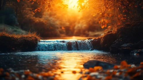 Autumn creek at sunset with golden light and vibrant foliage.