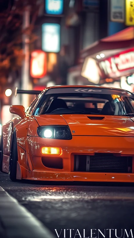Orange widebody street car under neon city night lights.
