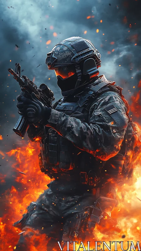Armored futuristic soldier advancing through battlefield fire.