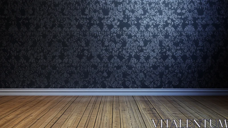 Dark floral textured wall with directional wood plank flooring.