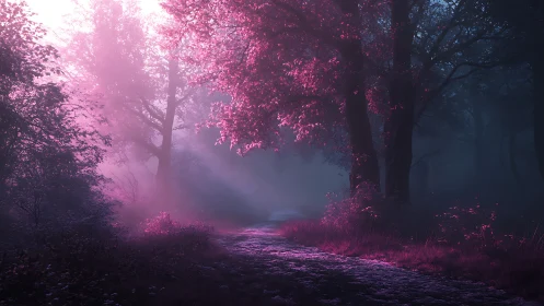 Luminescent Forest Pathway: Magenta-Silhouetted Arboreal Tunnel with Atmospheric Volumetric Light.