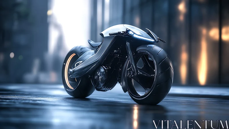 Futuristic city motorcycle glowing softly in the night street.