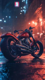 Custom red motorcycle gleams under neon rain-soaked city lights