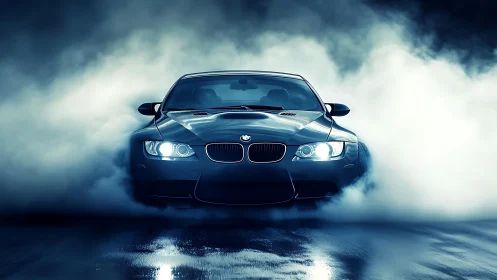 Sport coupe emerging through dense blue-tinted smoke.