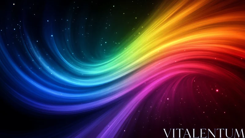 Cosmic rainbow currents arc across a star-salted night sky.