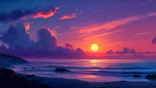 Vibrant digital seascape renders a neon-lit twilight sunset