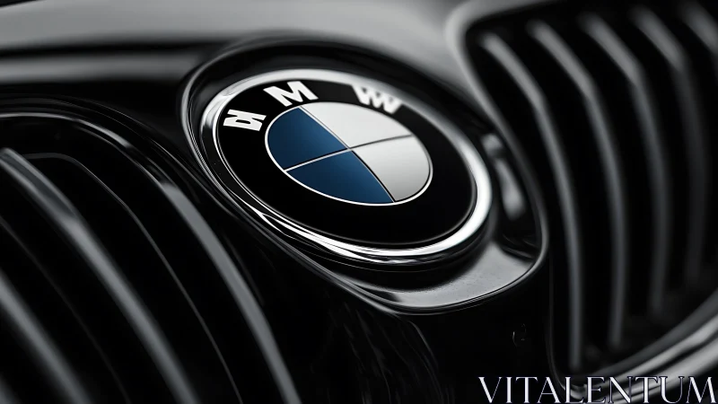 Chrome crest glows on sleek black grille of luxury machine.