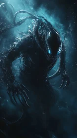 Abyssborn stalker with neon eyes in stormlit cosmic fog.