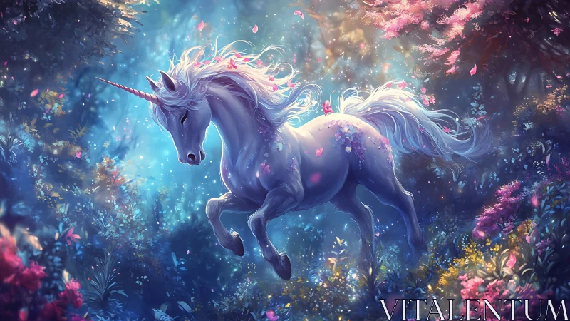 Luminous unicorn moves through enchanted floral forest