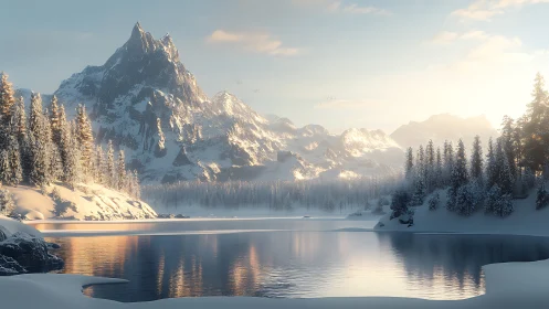 Snow-clad alpine peaks above reflective frozen lake at dawn.