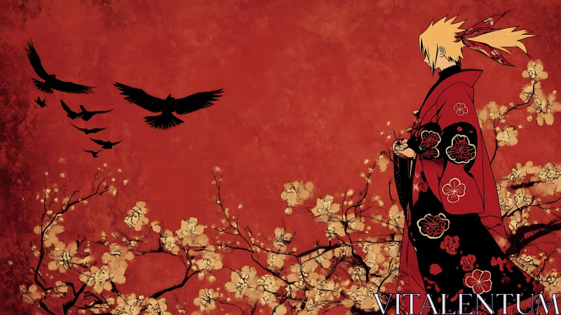 Anime figure in red kimono beside blossoms and birds.