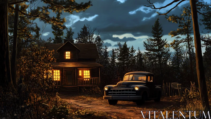 Old truck pauses by warmly lit forest cabin at dusk.