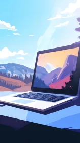 Ultramodern laptop workspace framed by stylized alpine vista.