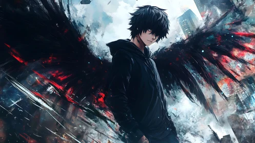 Dark-winged anime figure stands amid abstract urban collapse