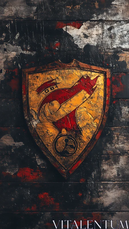 Weathered red mech emblem on distressed wooden shield.