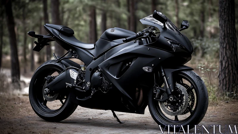 Matte black sport motorcycle stands poised in a calm forest
