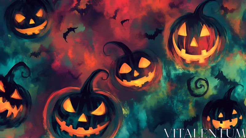 Glowing jack o lanterns swirl through vivid Halloween fog