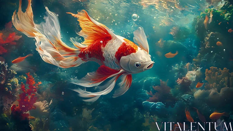 Graceful koi swims through luminous underwater dreamscape.