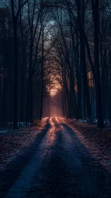 Forest Path Illuminated: Twilight Road Through Bare Winter Trees.