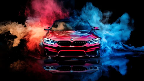 Red performance coupe cuts through neon smoke clouds.