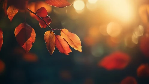 Autumn leaves glow in shallow-focus backlit evening bokeh