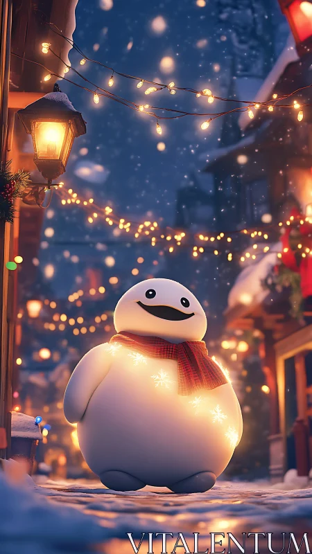 Luminous snowball mascot under festive bokeh streetlights.