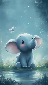 Baby elephant sits by water and looks up at butterfly