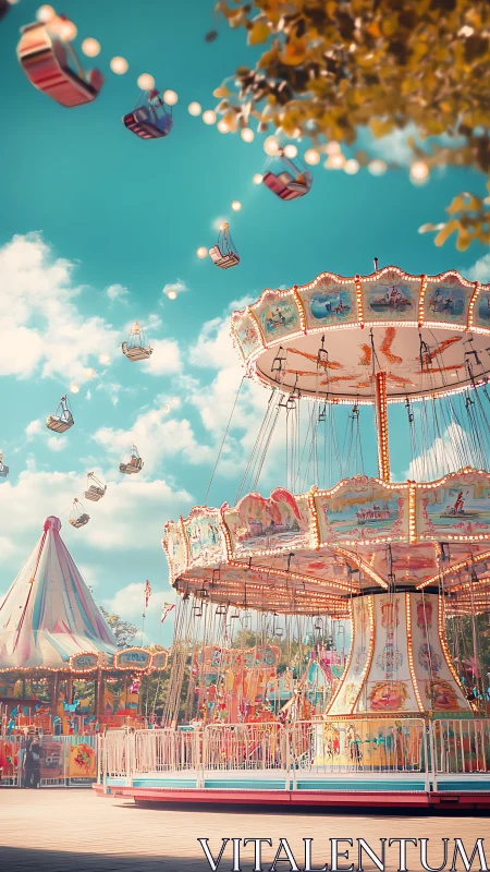 Swing carousel spins above colorful outdoor amusement park