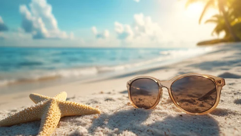 Sunlit shoreline daydream with starfish and sandy shades.