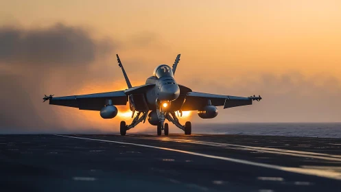 Carrier-based jet on deck at sunrise during takeoff roll.
