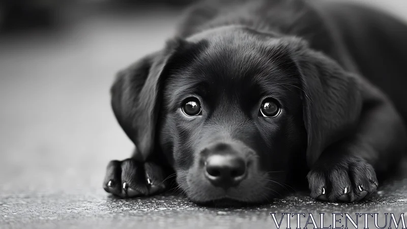 Black puppy lies low with soulful eyes and quiet curiosity.
