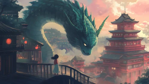 Emerald dragon towers over lantern city at rose dusk.