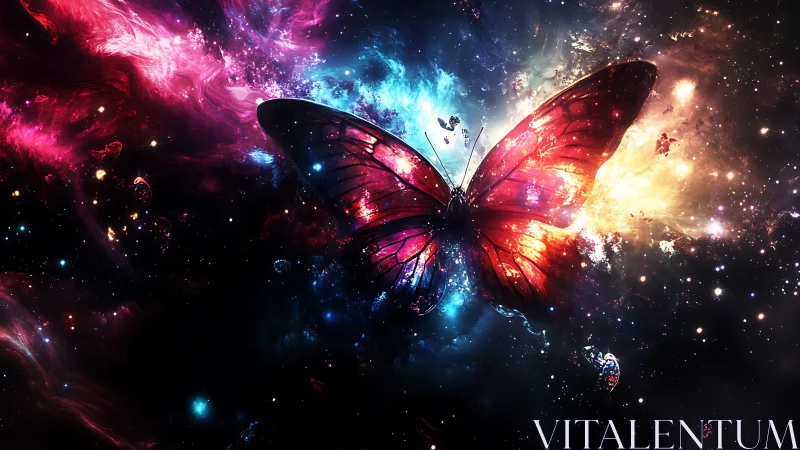Butterfly silhouette set against luminous cosmic nebula field.