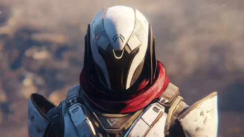 Armored sci fi soldier with white helmet and red scarf.