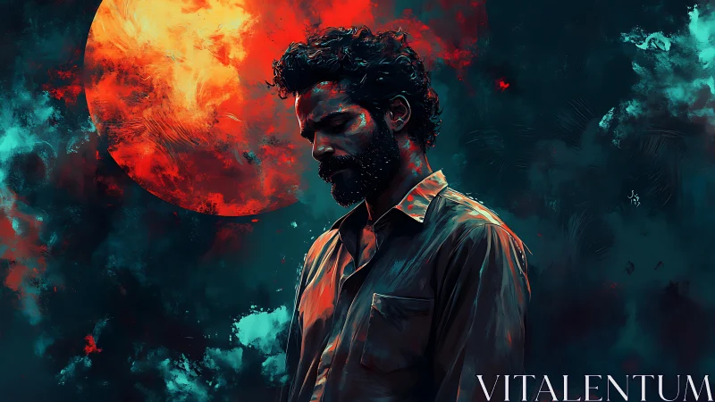 Melancholic figure under blazing red moon in stormy sky.