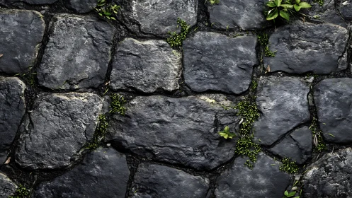 Weathered stone paving with sparse green plant growth.