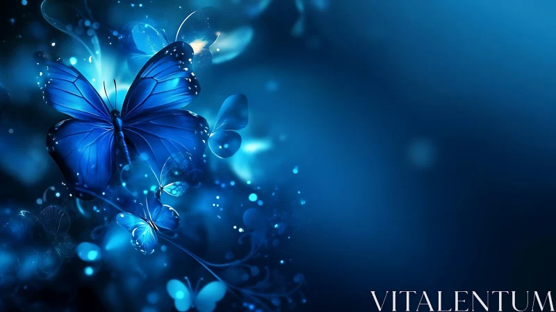 Luminous blue butterfly glows in soft bokeh twilight aura