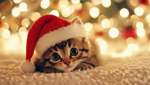 Kitten in Santa hat lies on textured rug before festive bokeh