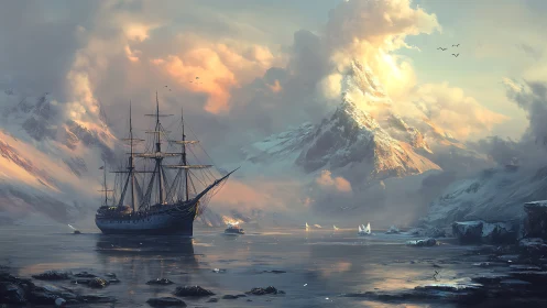 Tall ship anchored in icy fjord beneath glowing peaks.