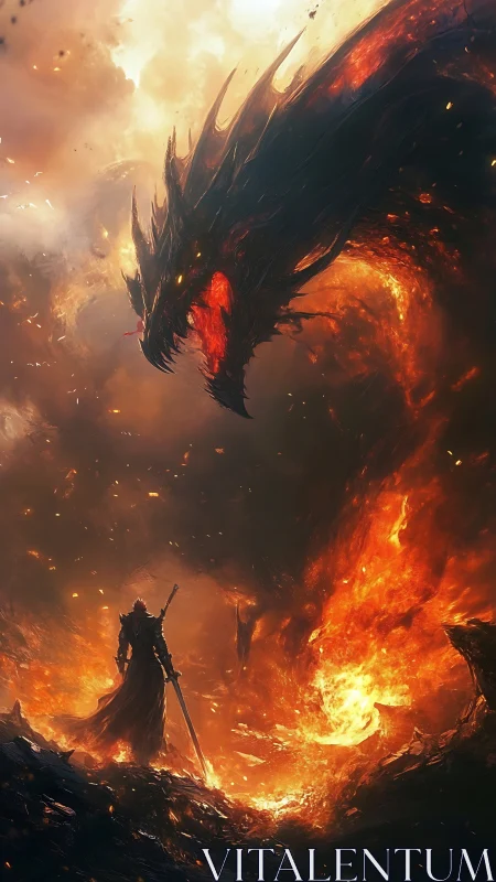Fire dragon confronts lone warrior in burning wasteland.