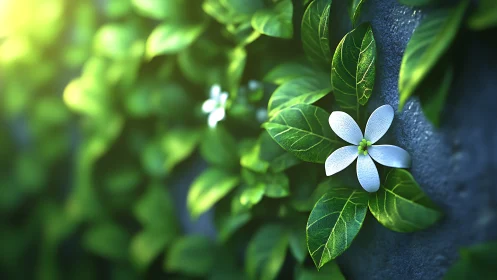 White flower on lush green vine with soft sunlight glow.