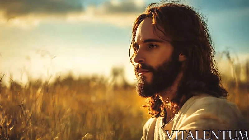 Bearded man seated in sunlit field at golden hour period.