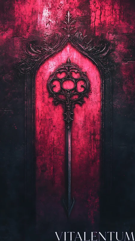 Gothic blood-red key pierces textured cathedral door