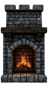 Stone castle fireplace with active flames and dark mortar