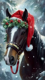 Winter portrait of bridled bay horse in festive attire.