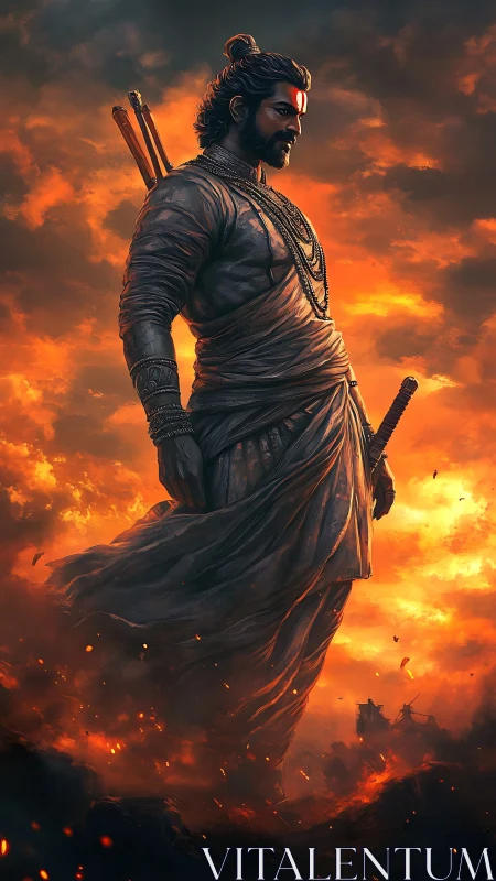 Warrior figure in traditional robes amid burning sky.