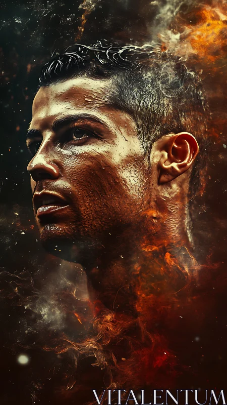 Fiery portrait of a focused athlete wrapped in glowing smoke.