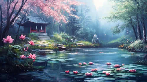 Lotus pond reflects pavilion structure beneath dense foliage