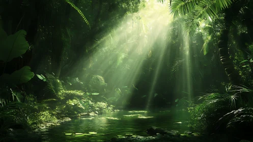 Volumetric sunlight penetrating dense rainforest poolscape.