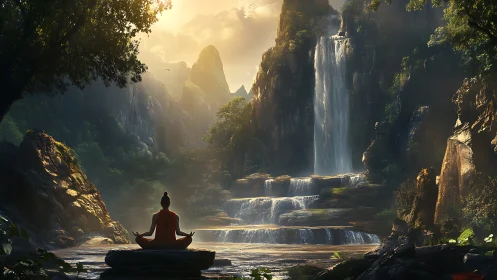 Monk in lotus pose studies tiered waterfall under volumetric light